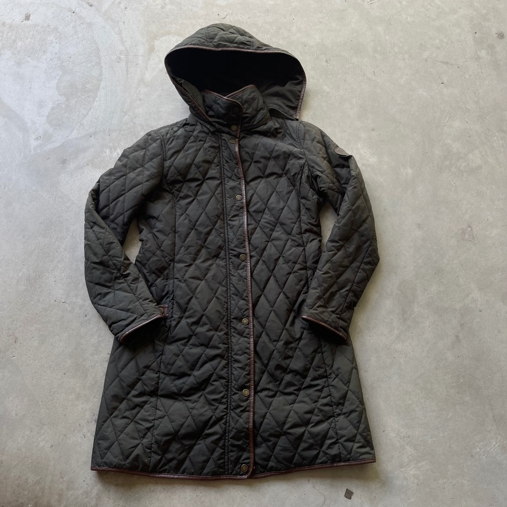 Lauren Ralph Lauren Quilted Long Coat Olive Green Faux Leather Trim Hooded XS